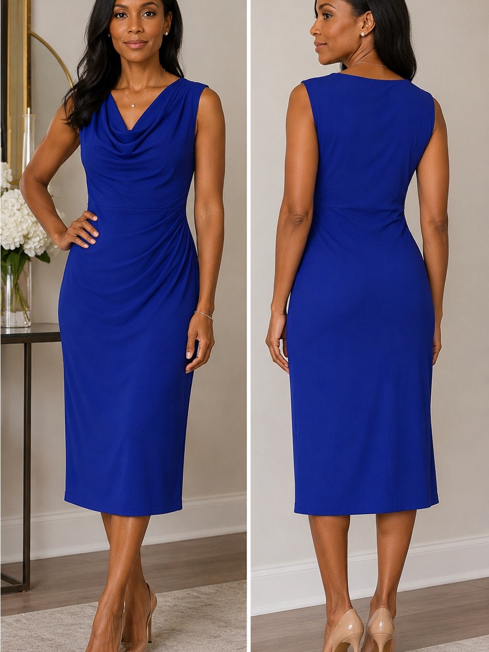 Lauren Ralph Lauren Royal Blue Cowl Neck Sheath Dress | Size 8 | 42”
